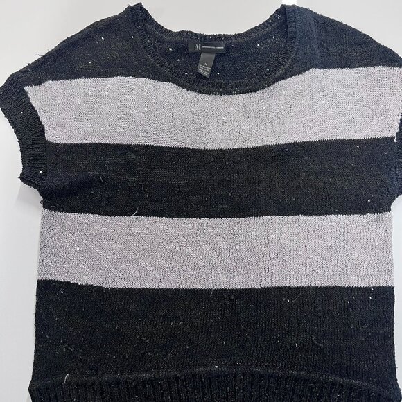 INC Black & Gray Striped Short Sleeve Sweater With Sequins - Picture 6 of 10